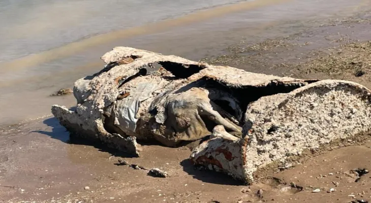 A drop in the water level of a lake reveals remains of human bodies