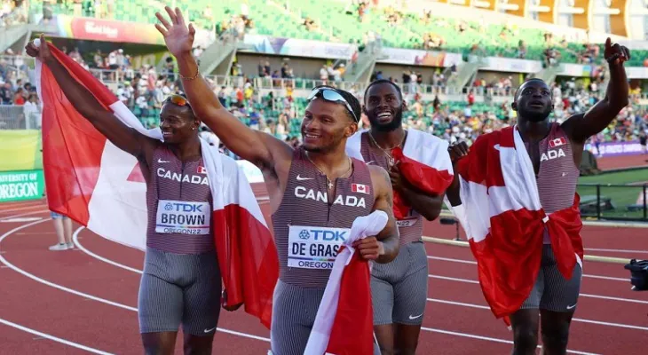 Canada wins gold in the men's 4×100 meter relay race at the World Athletics Championships