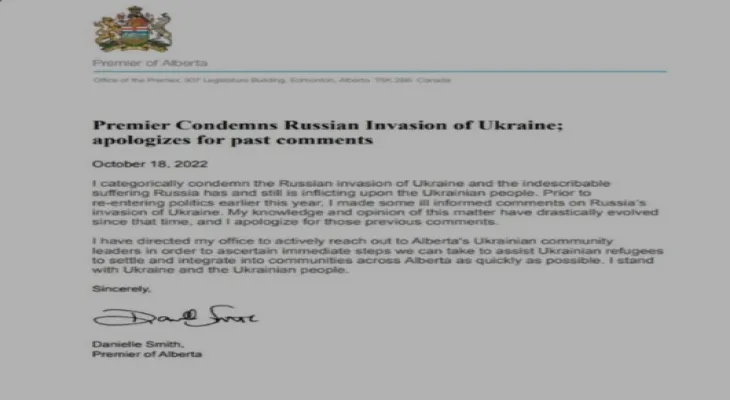 Alberta Premier apologizes for her comments on the Russian war in Ukraine