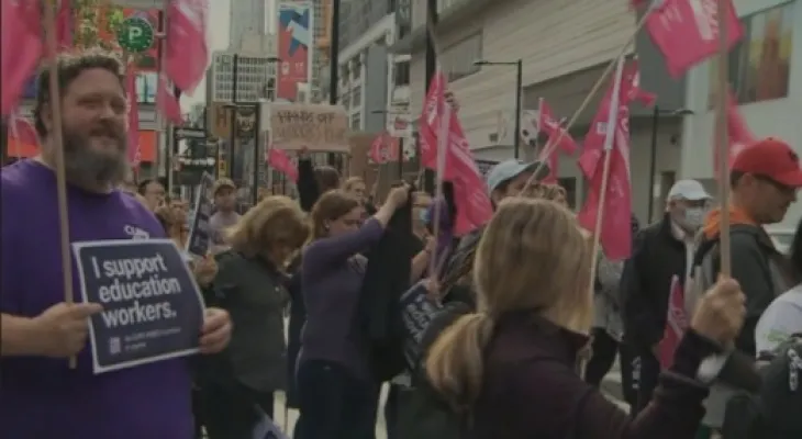 Education staff hold the second day of protests in Toronto as the hearing continues