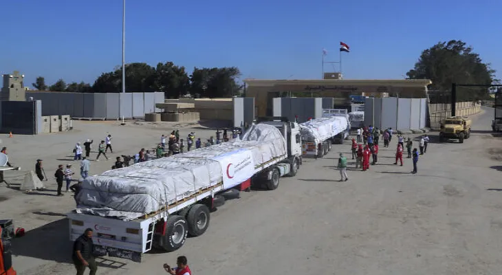 The entry of the first 20 humanitarian aid trucks into Gaza through the Rafah crossing today.