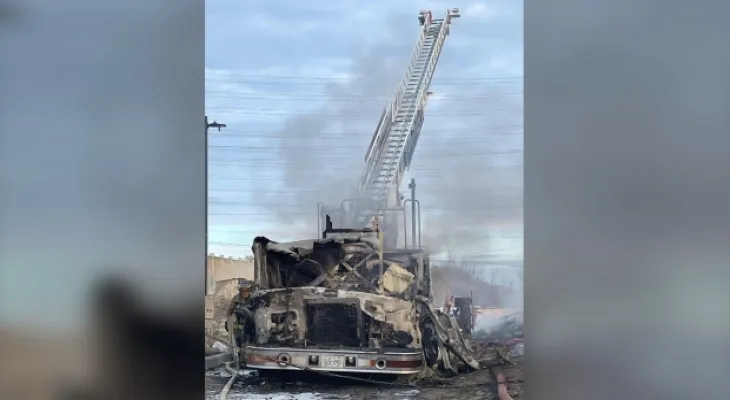 Fires engulf a "fire truck" worth one million dollars during a fire at a housing complex under construction in Fawgan