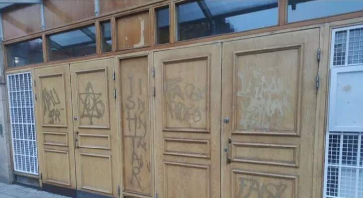 Anti-Islam slogans on the walls of a Stockholm mosque