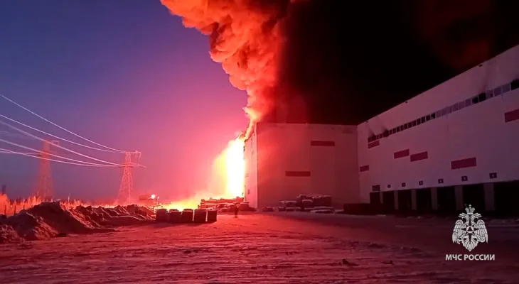 A massive fire engulfs a warehouse in Russia outside the city of Saint Petersburg