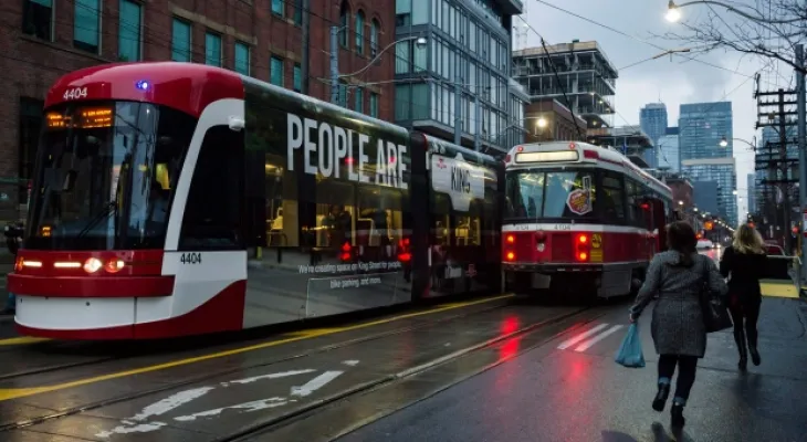 The Mayor of Toronto holds a press conference to announce the transit on King Street today