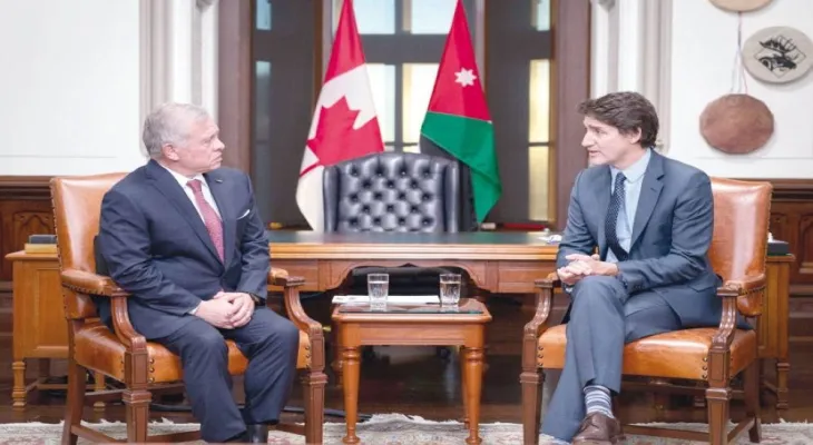 King Abdullah II during his meeting with Trudeau emphasizes the necessity of reaching an immediate ceasefire in Gaza as soon as possible.