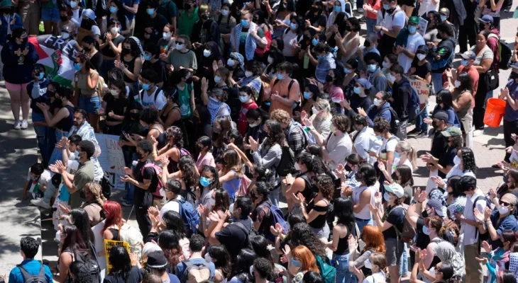 The University of California cancels classes after violence erupts on campus in protest of the war in Gaza.