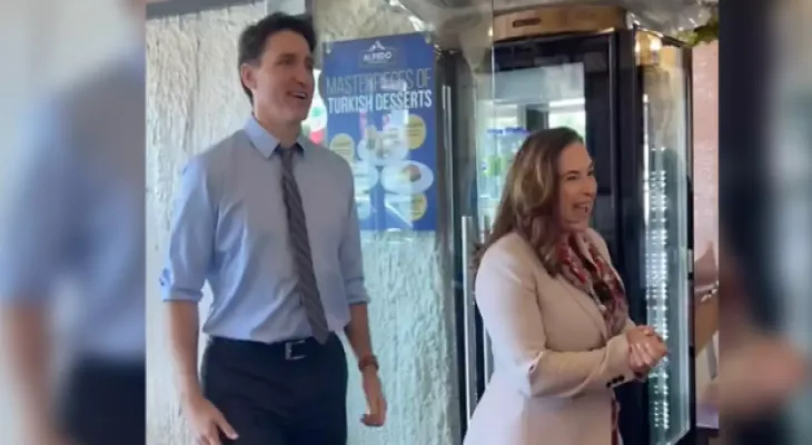 The Prime Minister of Canada surprises a pie restaurant owner in Toronto with a visit for a snack.