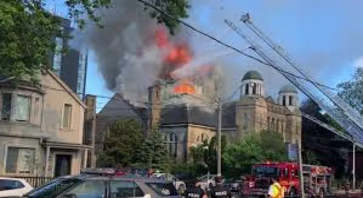 Firefighters are battling a fire at the historic "St. Ann" church on the western edge of Toronto.