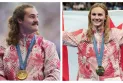 Samar Makntosh and Ethan Katzberg carry the Canadian flag during the Olympic Games closing ceremony.