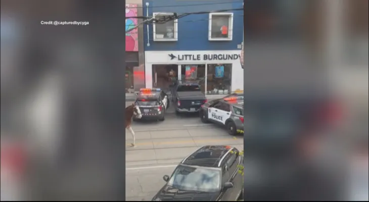 Toronto: Police chase a person after a stolen truck crashes into a store in downtown.